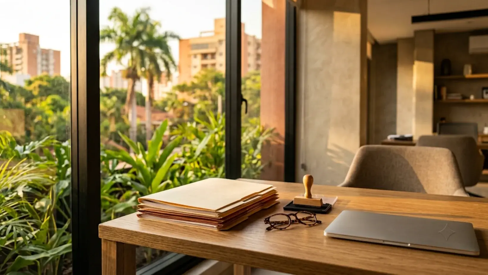 Bright office desk in Asunción: stacked paper folders, a rubber stamp and a laptop, tropical greenery beyond the window